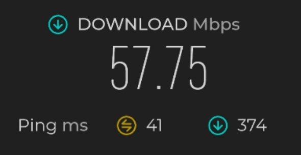 Speedtest result at Ritz Carlton Singapore - 57.75 Mbps download on the TP-Link Archer MR500 4G+ Router